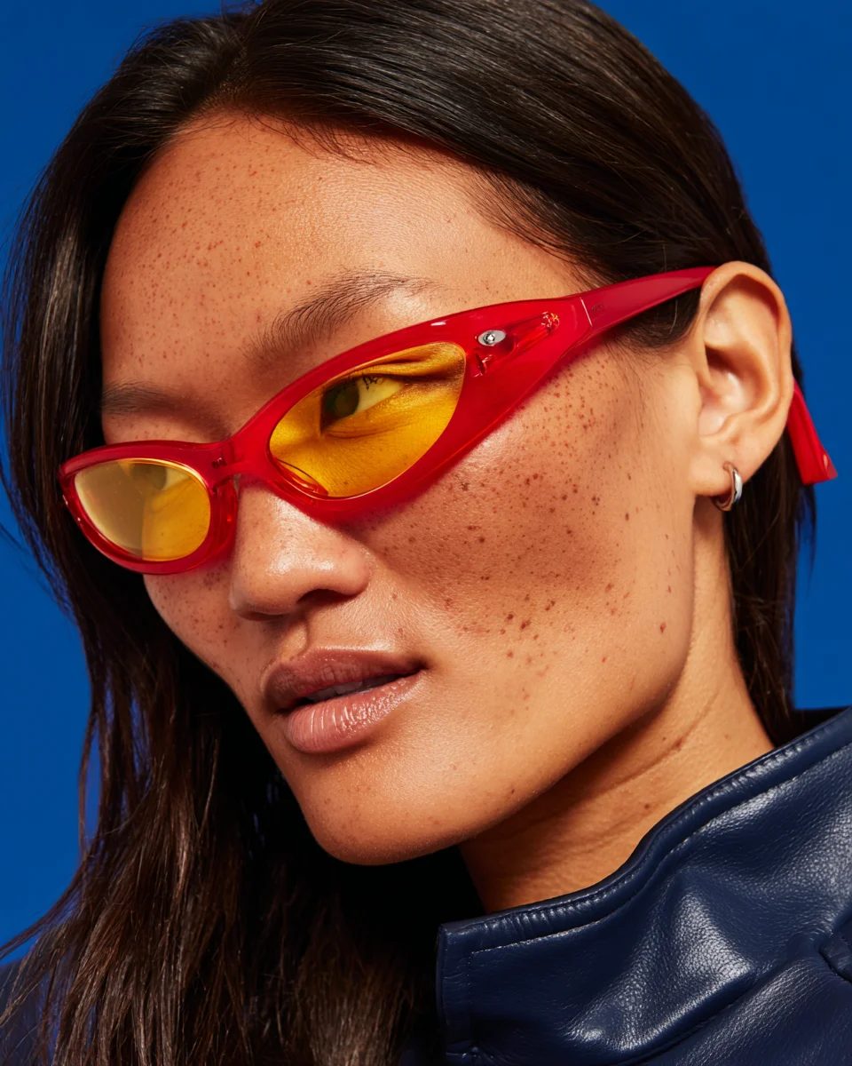 Modelo de óculos vermelhos sobre fundo azul, campanha da Taype criada pela NoNAP